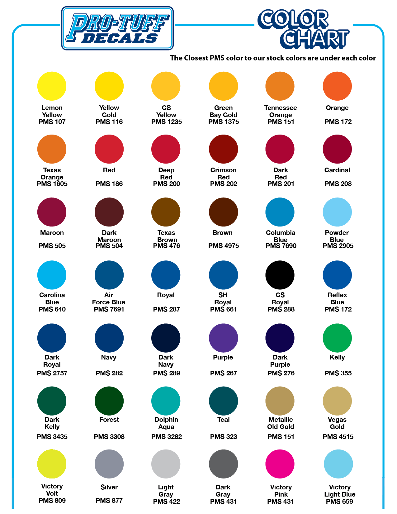 pro-tuff print color chart