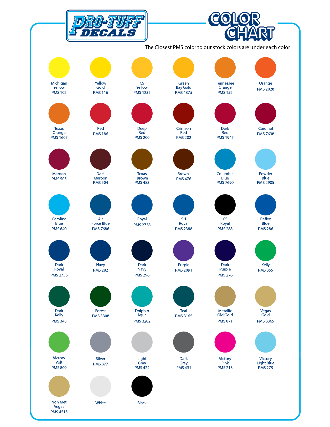 pro-tuff print color chart
